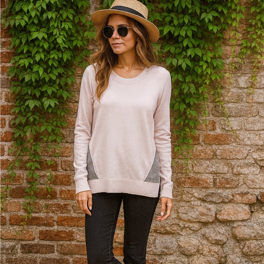 ZACKET & PLOVER Pink Mixed Media Cashmere Blend Crew Neck Sweater, S